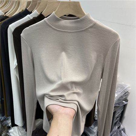 Plus Velvet Stand-Up Collar Bottoming Shirt Women Long-Sleeved Cotton T-Shirt Half Turtleneck Versatile Inner Top