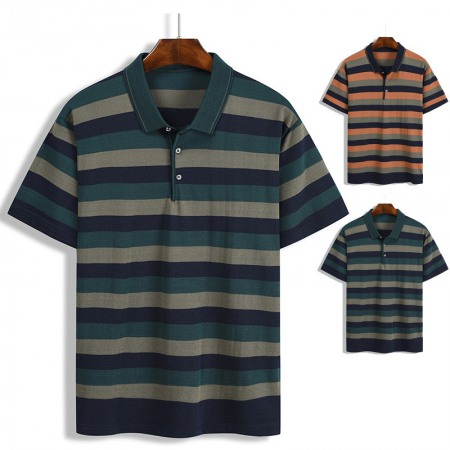 Summer T-Shirt Striped Color Matching Pockets Men's Lapel Short-Sleeved Tops for Men