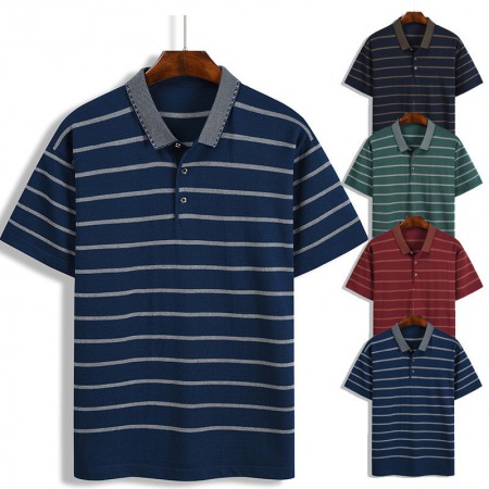 New Summer Men's Hooded Striped Lapel T-Shirt Mens Lapel Short Sleeve