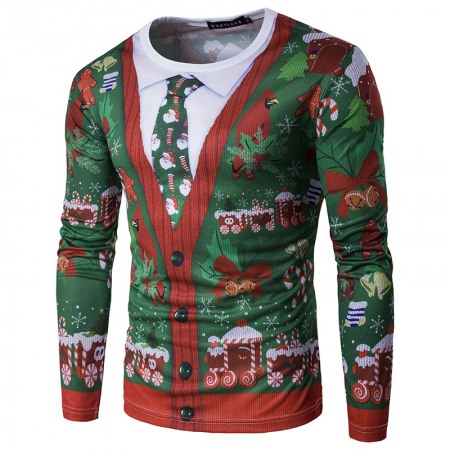 New Christmas Tree 3D Fake Two Tie Printing Fashion Men's Long-Sleeved T-Shirt