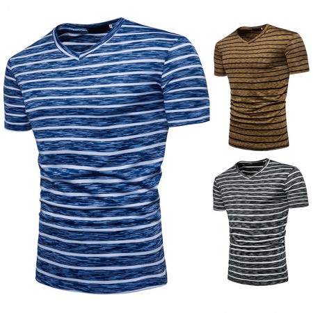 New Men's Striped Stretch Frame Plus Size Short-Sleeved T-Shirt